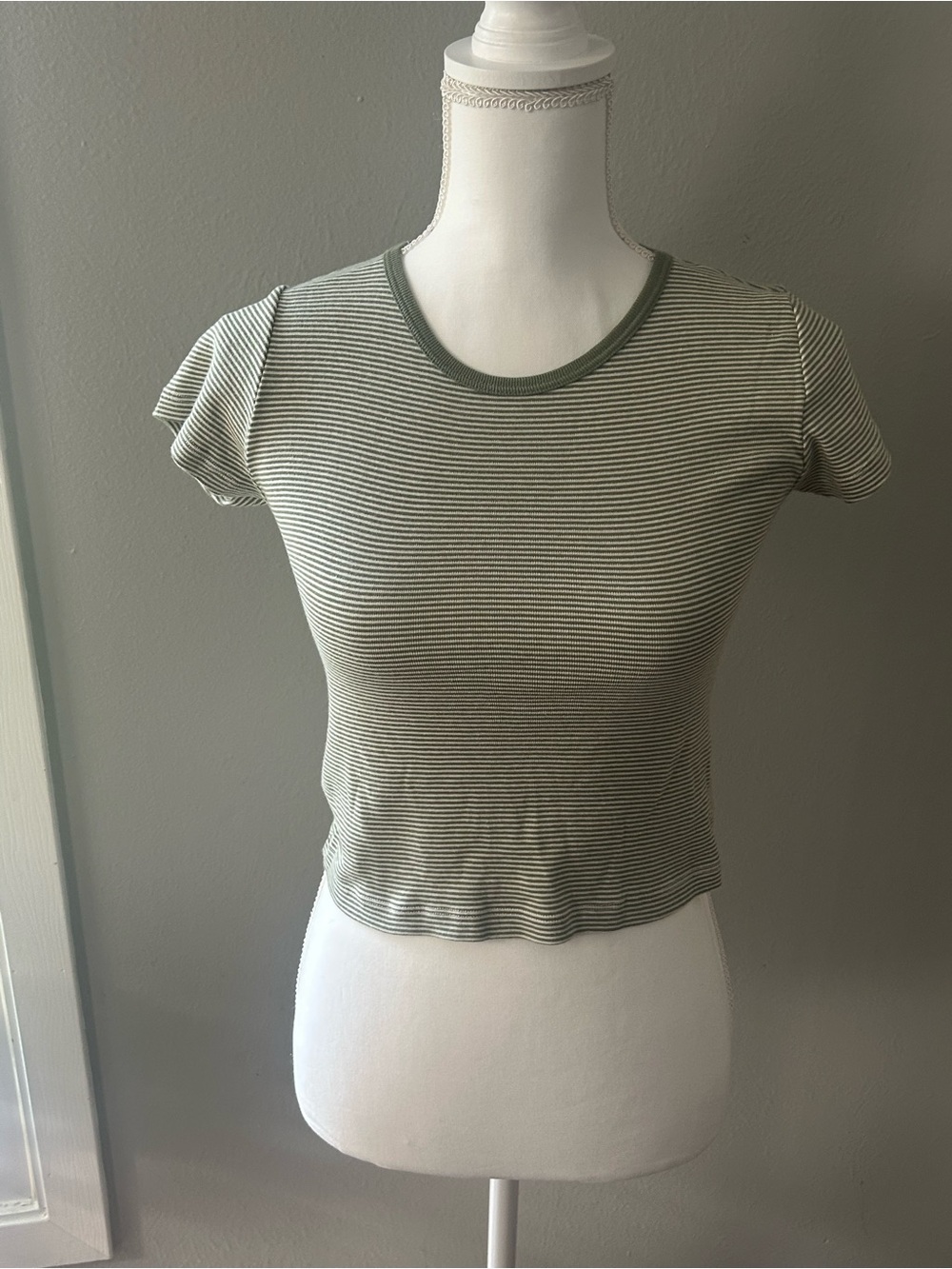 Brandy Melville Olive and White Striped Ringer Tee